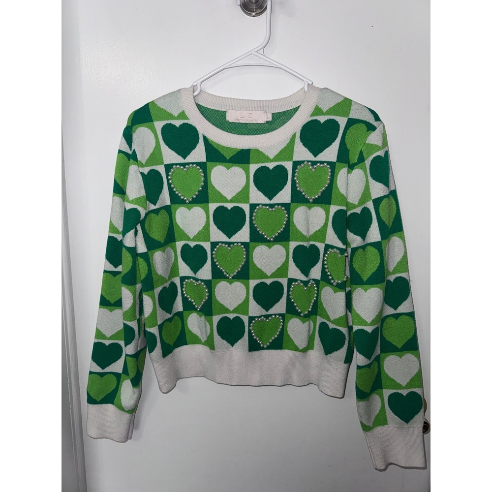 Lizette Collection Green CheckeredHeart Pearl Embellished Sweater Large LC-A4281